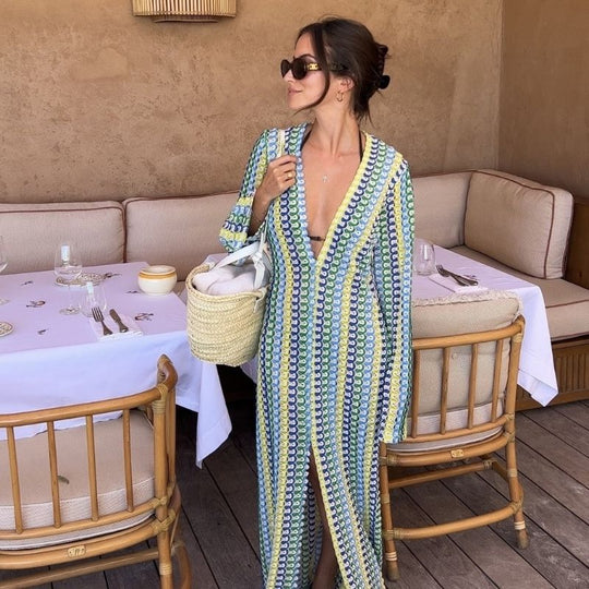 Langärmliges Häkel-Maxikleid mit Streifenmuster