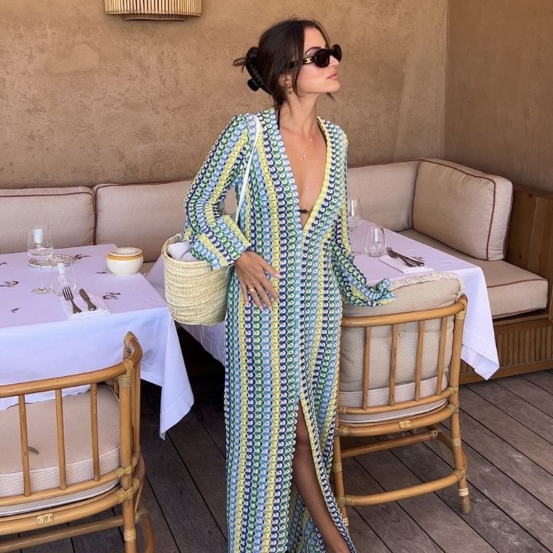 Langärmliges Häkel-Maxikleid mit Streifenmuster