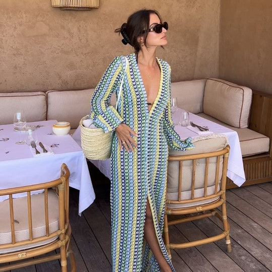 Langärmliges Häkel-Maxikleid mit Streifenmuster