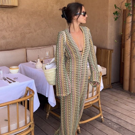 Langärmliges Häkel-Maxikleid mit Streifenmuster