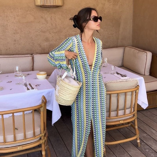 Langärmliges Häkel-Maxikleid mit Streifenmuster