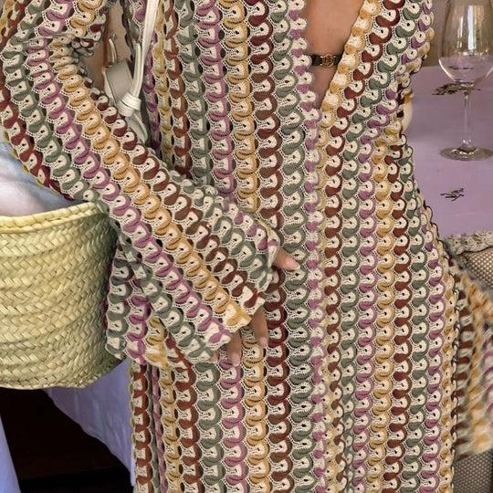 Langärmliges Häkel-Maxikleid mit Streifenmuster