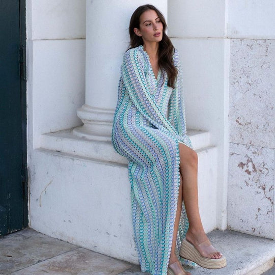 Langärmliges Häkel-Maxikleid mit Streifenmuster