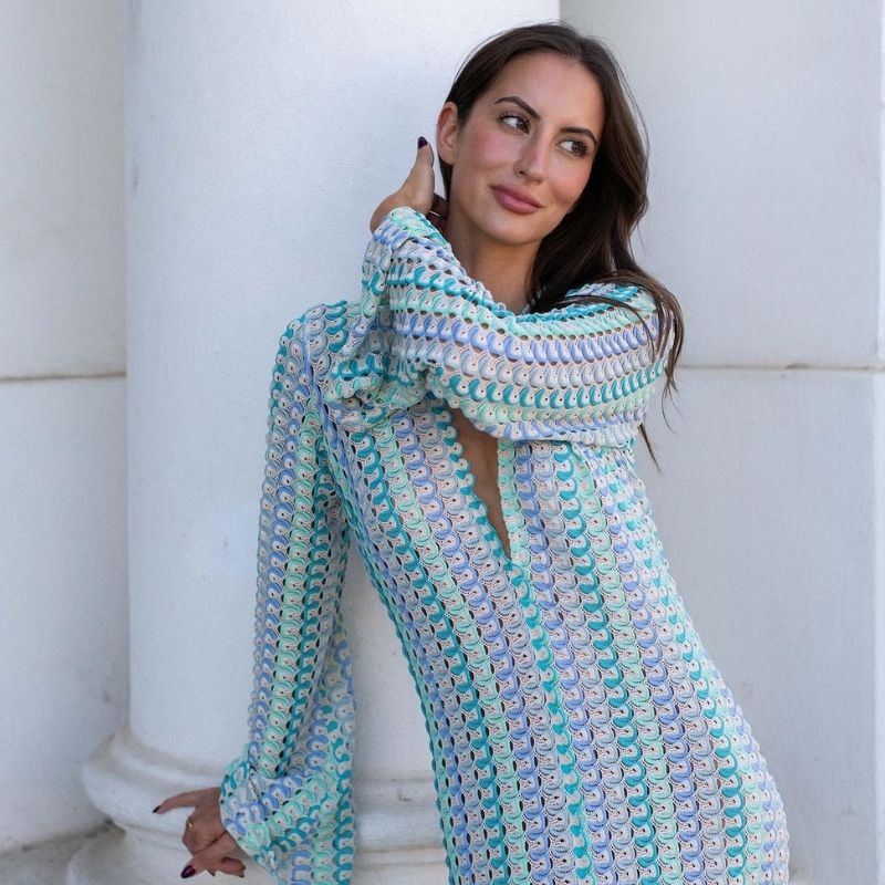 Langärmliges Häkel-Maxikleid mit Streifenmuster