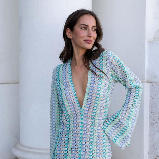 Langärmliges Häkel-Maxikleid mit Streifenmuster