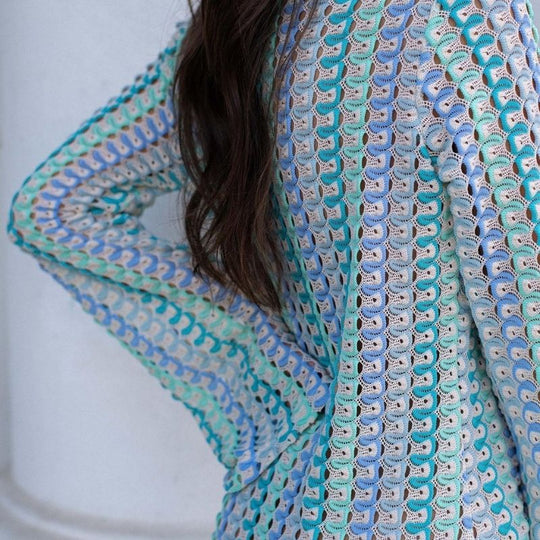 Langärmliges Häkel-Maxikleid mit Streifenmuster