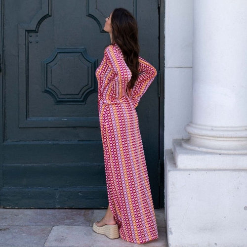 Langärmliges Häkel-Maxikleid mit Streifenmuster