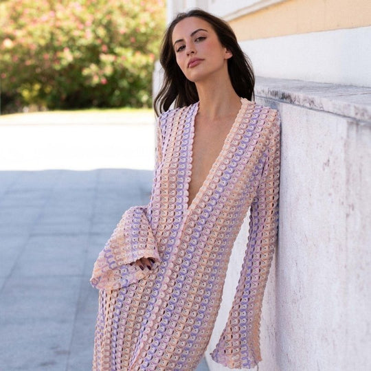 Langärmliges Häkel-Maxikleid mit Streifenmuster