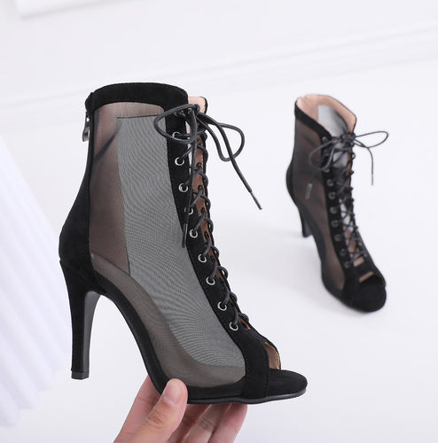 Heidi-Mode | Damen Mesh Stiletto Schnür Jazz Dance High Heels Hohl Ankle Boots