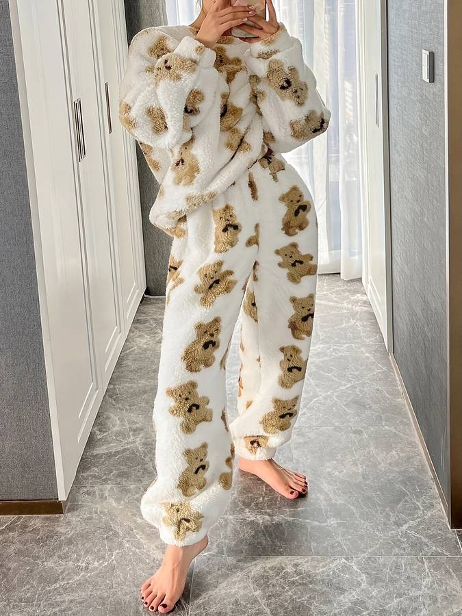 Heidi-Mode - Bequemes weißes Bärenmotiv Loungewear-Set für Damen