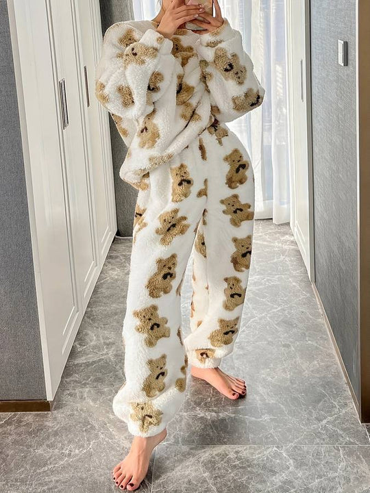 Heidi-Mode - Bequemes weißes Bärenmotiv Loungewear-Set für Damen