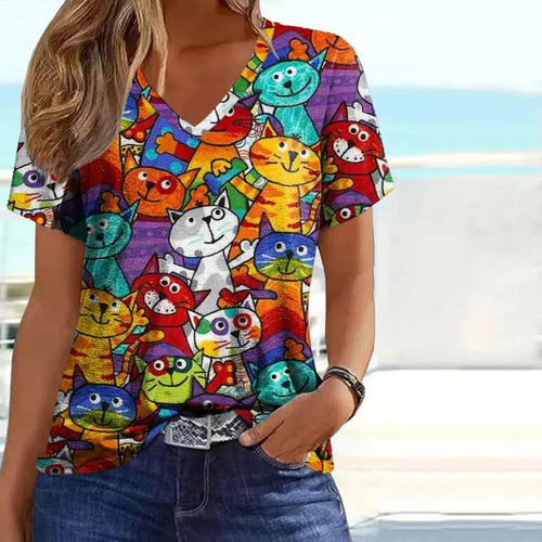 Heidi-Mode | Bequemes T-Shirt Mit Buntem Katzenprint Für Damen