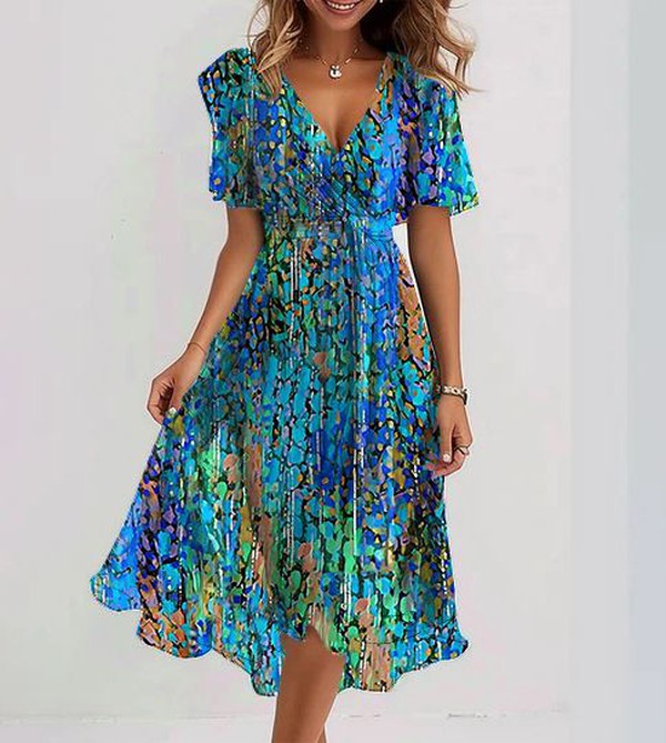 Heidi-Mode | Blauer Midi Dress Mit Kurzen Ärmeln