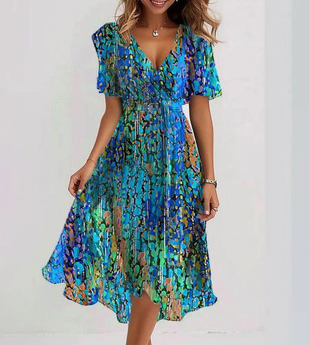 Heidi-Mode | Blauer Midi Dress Mit Kurzen Ärmeln