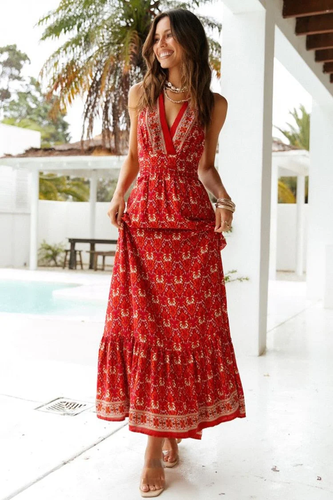 Langes Kleid, Boho-Kleid, Sommerkleid, rückenfreies Maia Dwarf in Rosa und Rot