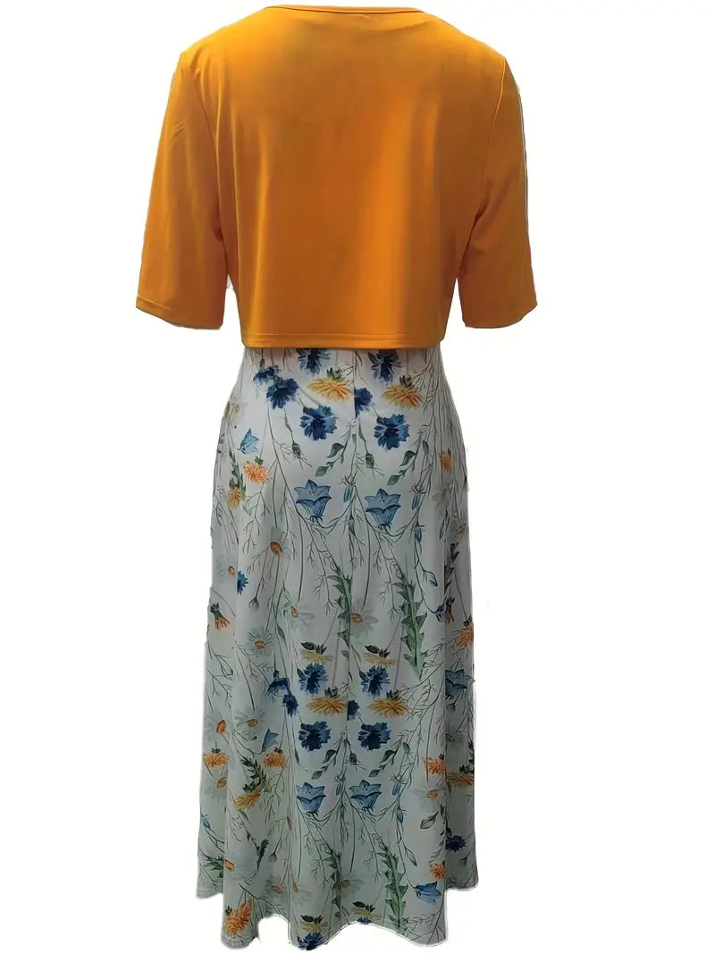 elegantes zweiteiliges Blumenkleid-Set mit einfarbigem Crop-Top und Kleid mit Rundhalsausschnitt