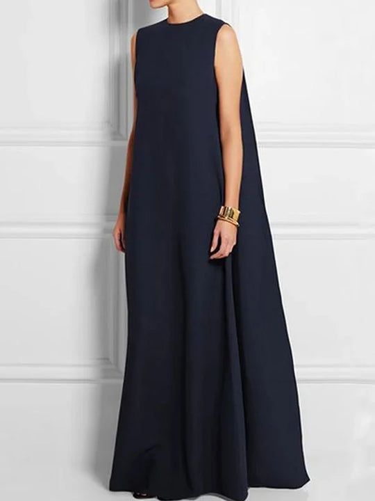 lockeres, einfaches, einfarbiges, ärmelloses, ärmelloses, V-Rücken, lockeres langes Kleid