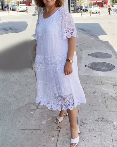 Heidi-Mode | Einfarbiges Kurzärmeliges Kleid mit Spitzenpaneelen