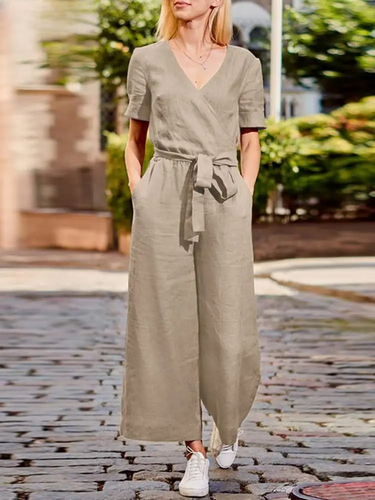 Heidi-Mode | Lässiger Lockere V-Ausschnitt Weitbeiniger Jumpsuit