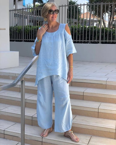 Heidi-Mode | Kurze Ärmel Baumwollleinen Hose mit Rundhalsausschnitt für Frauen Andrea