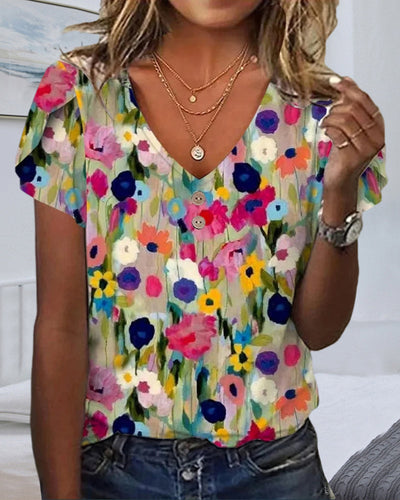 Heidi-Mode | Kurzärmlige Farbenfrohe Blumenbluse mit V-Ausschnitt