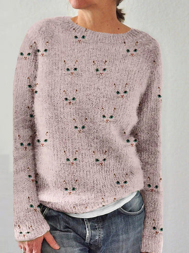 Heidi-Mode | Pull Douillet À Col Rond Avec Un Joli Imprimé Visage De Chat
