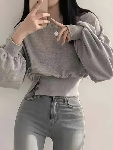Heidi-Mode | Casual Luxe Elegantes T-Shirt In Einheitlicher Farbe mit Knopfdetail