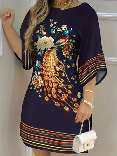 Heidi-Mode | Boho Kleid Pfauen Blumen Lässiges Kleid mit 3/4 Ärmeln für Frühling und Sommer