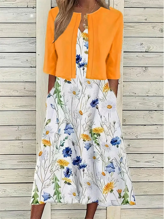elegantes zweiteiliges Blumenkleid-Set mit einfarbigem Crop-Top und Kleid mit Rundhalsausschnitt