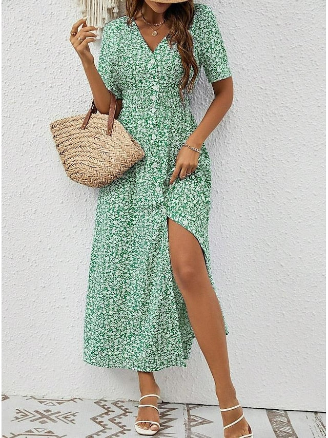 Luftiges Maxikleid mit kurzen Ärmeln und V-Ausschnitt