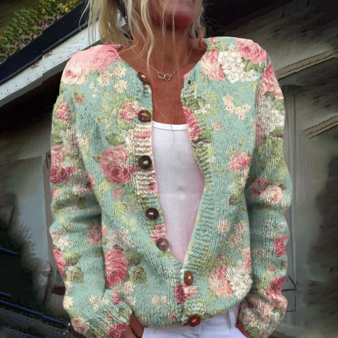 Heidi-Mode | Stylische Strickjacke Ohne Kragen Mit Langen Ärmeln Und Blumendruck