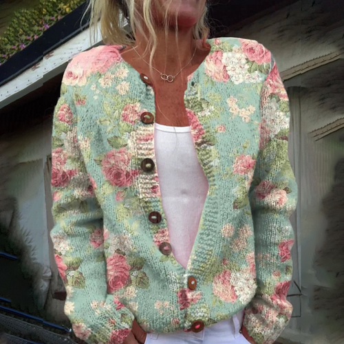 Heidi-Mode | Stylische Strickjacke Ohne Kragen Mit Langen Ärmeln Und Blumendruck