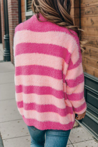 Heidi-Mode | Gestreifter Knopf-Oben Flauschiger Cardigan mit Taschen