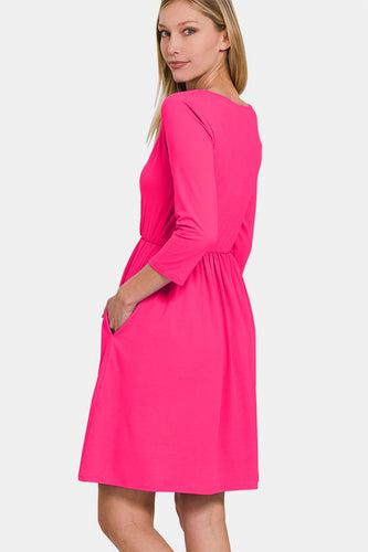 Heidi-Mode | Zenana Dreiviertelärmel Surplice Kleid mit Taschen