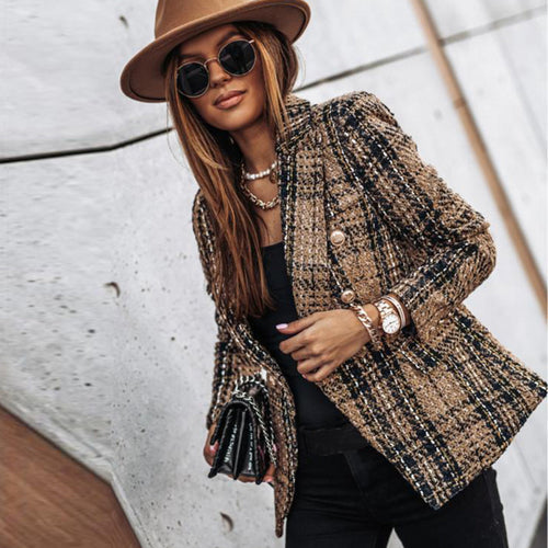Heidi-Mode | Zweireihiger Karierter Blazer mit Langen Ärmeln