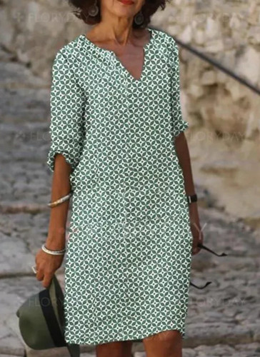 Heidi-Mode | Kleid Lässige Passform Knielang V-Ausschnitt 3/4 Ärmel Geometrisches Muster