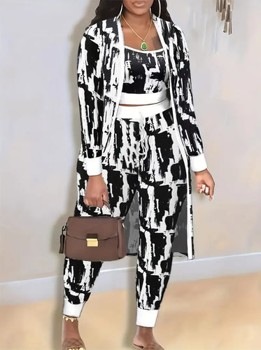 Heidi-Mode | Damen 3-teiliges Set mit All-Over-Print, Crop-Cami-Top, Slim-Pants & Strickjacke