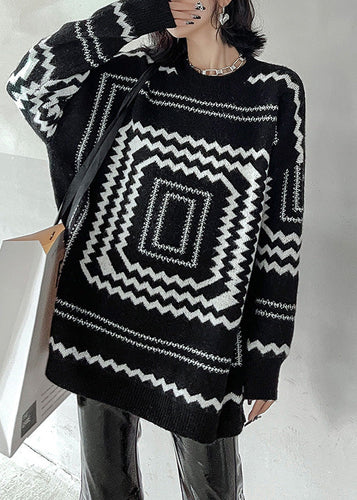 Heidi-Mode - Boho Schwarzer O-Ausschnitt Gemütlicher Pullover