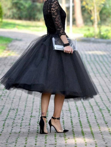 Heidi-Mode | Midi-Lange Puff-Rock Tutu Tüll Einfarbig Polyester Damen Elegant Schwarz