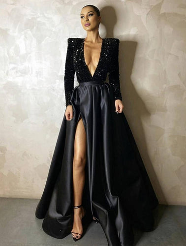 Heidi-Mode | Lange Glänzende Pailletten Kleid mit Schlitz An Der Seite V-Ausschnitt Lange Ärmel Damen Elegantes Abendkleid