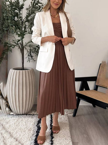 Heidi-Mode | Midi-Lange Kleid aus Kunstleder Plissiert Bustier Rückenfrei Ärmellos Damen Elegant Lässig Cocktail