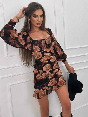 Heidi-Mode | Kurzes Körpernahes Kleid mit Blumen Quadrat-Ausschnitt Lange Ärmel Damen Elegant Lässig Cocktail