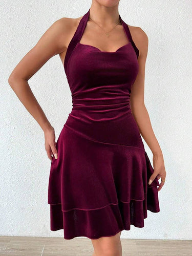 Heidi-Mode | Kurz Enges Trapezkleid Neckholder Rückenausschnitt mit Volant Ärmellos Elegante Damen Abschlussball Cocktailkleid