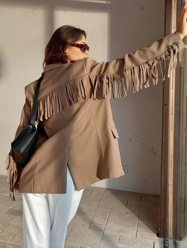 Heidi-Mode | Einfarbiger Blazer Fransen Knopf Taschen Lange Ärmel Damen Elegant Lässig Weit Jacke