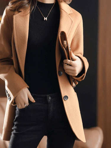Heidi-Mode | Unifarbenes Wollmantel mit Knöpfen Taschen Reverskragen Lange Ärmel Winter Damen Eleganter Blazer Jacke