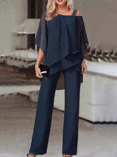 Heidi-Mode | Zweiteilige Kombinationen Ein-Schulter-Organza Batwing-Oberteile Unregelmäßige Gerade Hose Damen Lässig
