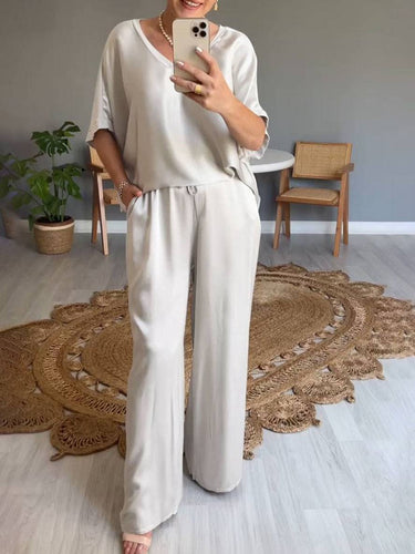 Heidi-Mode | Outfits mit V-Ausschnitt Hose Taschen Fledermausärmel Kurzarm Damen Elegant Lässig Weit Zweiteilig
