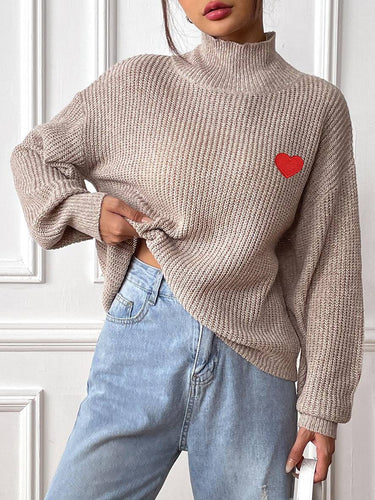Heidi-Mode | Pullover aus Einfarbigem Strick mit Besticktem Herz, Hoher Kragen, Bischofärmel, Damen, Elegant, Lässig, Weich, Casual, Oberteile