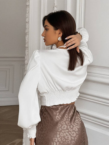 Heidi-Mode | Unifarbene Satin V-Ausschnitt Langarmbluse Damen Elegant Lässig Mode Casual