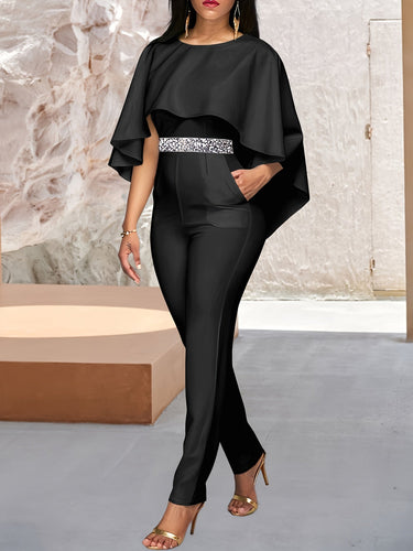 Heidi-Mode | Eleganter Jumpsuit mit Cape und Glitzer Gürtel für Damen